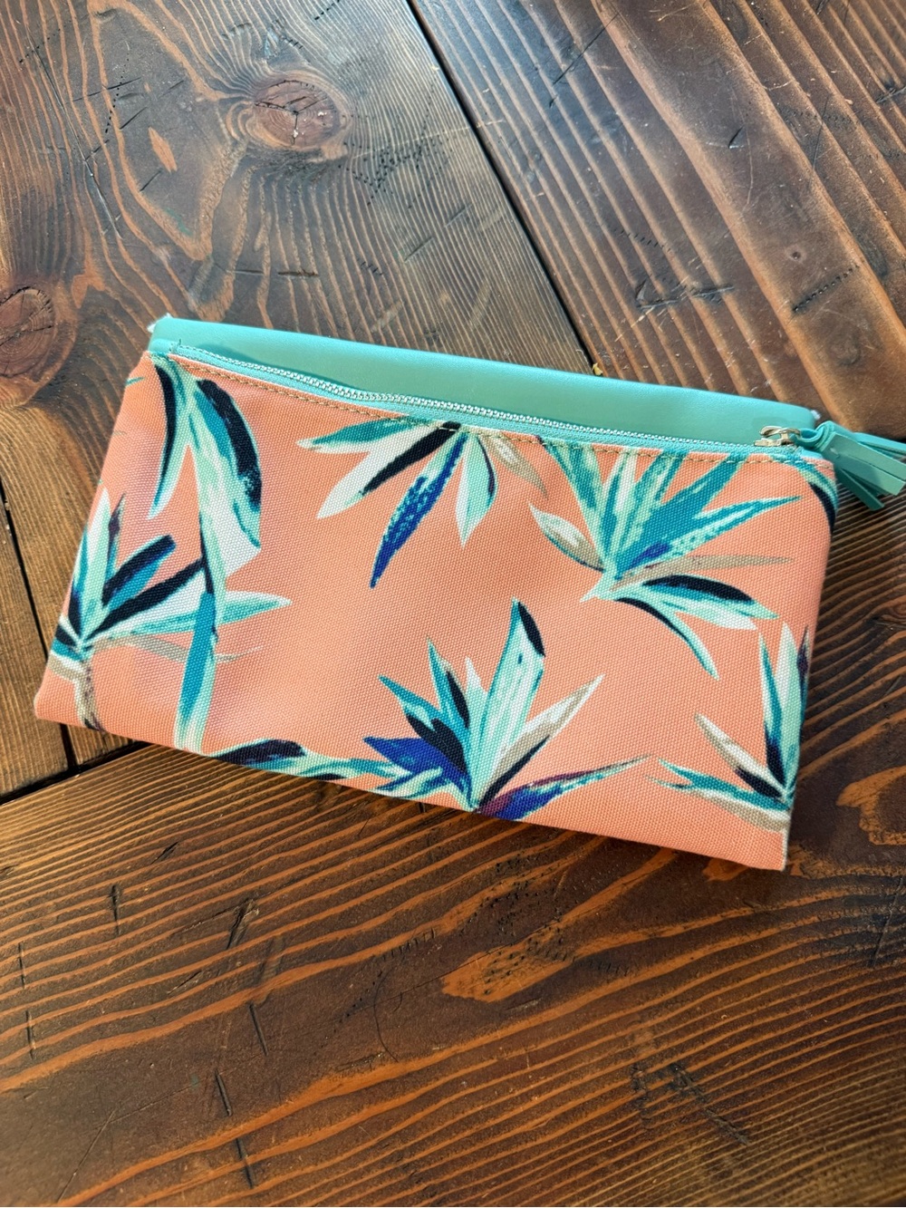 Coral Tropical Print Zip clutch with Aqua Trim